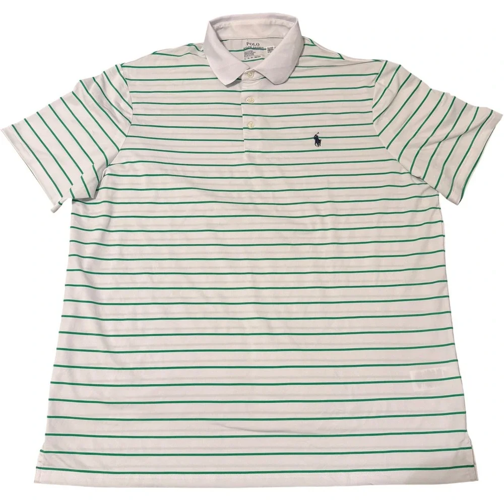 Polo Ralph Lauren Performance Men XL White Green Striped Short Sleeve Polo Shirt